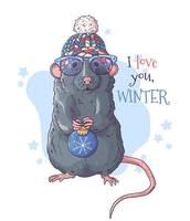 Hand drawn portrait of rat in Christmas accessories Vector. vector