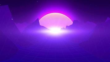 Retrowave skyline scene with neon lights and low poly territory. 80s retro foundation circle liveliness. Retro Futurism Background. 3D Render. Retro wave skyline scene, neon lights. Consistent circle video