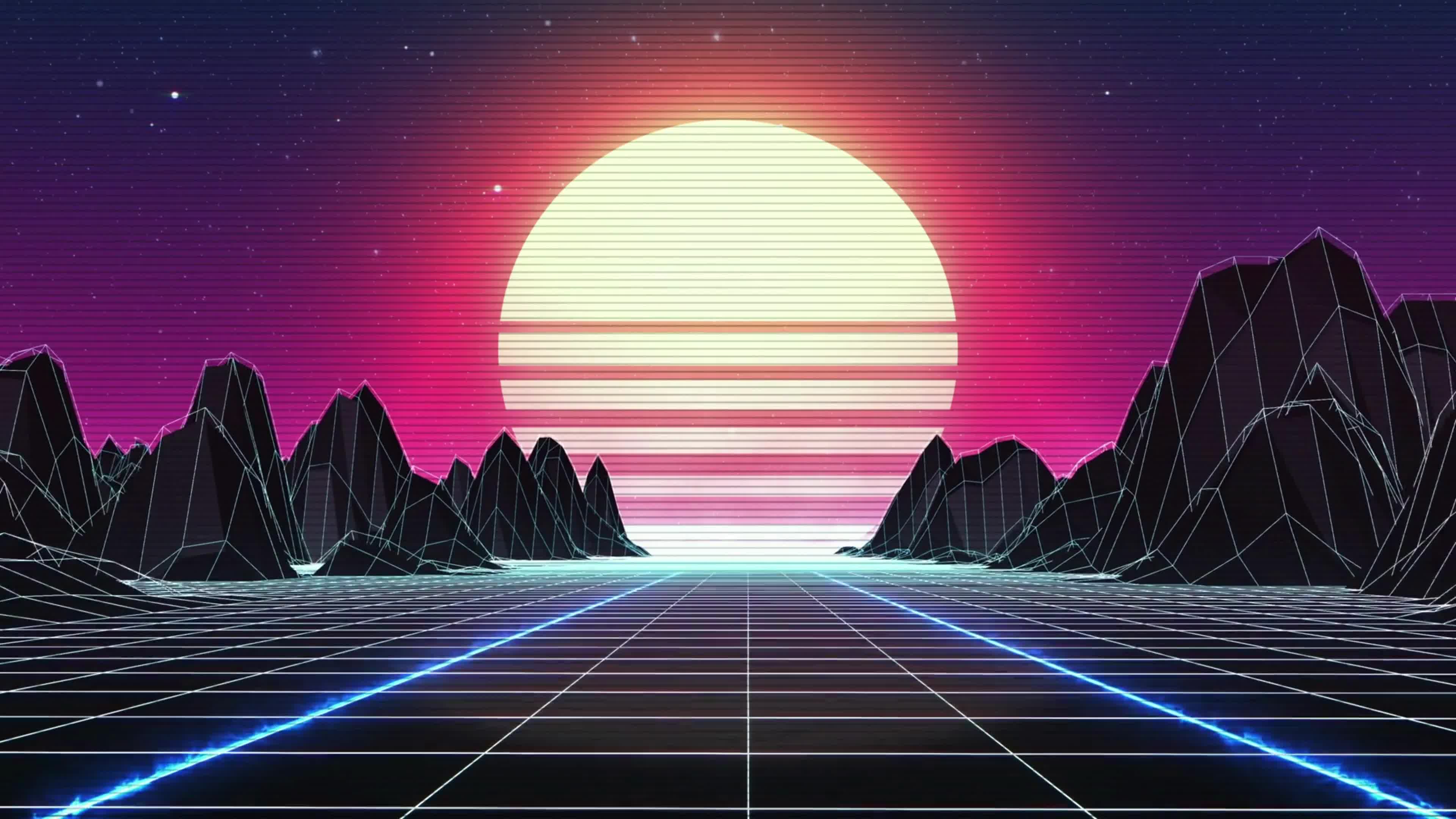 Retrowave skyline scene with neon lights and low poly territory. 80s ...