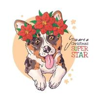 Retrato dibujado a mano de perro corgi con vector de flores de Navidad.