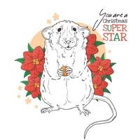 Hand drawn portrait of rat with Christmas flowers Vector. vector