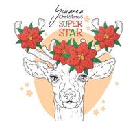 Hand drawn portrait of deer with Christmas flowers Vector. vector