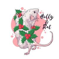 Hand drawn portrait of rat in Christmas accessories Vector. vector