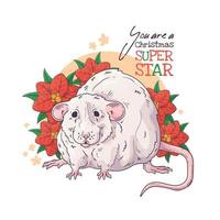 Retrato dibujado a mano de rata con vector de flores de Navidad.