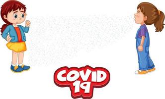 Covid-19 font in cartoon style with a girl look at her friend sneezing isolated on white background vector