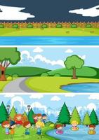 Conjunto de fondo de diferentes escenas horizontales con personaje de dibujos animados de niños doodle vector