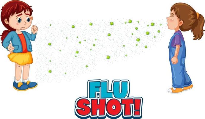 Flu Shot font in cartoon style with a girl look at her friend sneezing isolated on white background