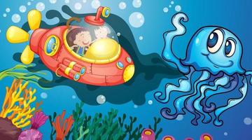 Escena submarina con niños felices en submarino explorando submarinos. vector