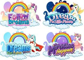 Set of different unicorn font typography with rainbows isolated vector