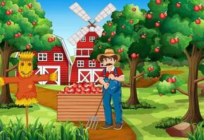 escena de la granja con granjero cosecha manzanas vector