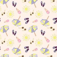 Summer vacation seamless pattern with flip flops, beach umbrella, ice cream and sunglasses. Endless texture for your summer holiday. Vector illustration in cartoon style with stroke