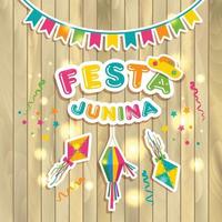 Logotipo de festa junina con banderas en textura de madera vector