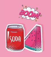 pop art element sticker icon set, soda, watermelon and boom cloud vector