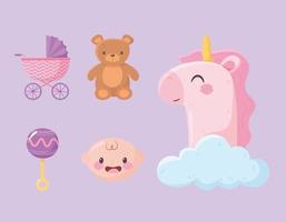 baby shower, lindo unicornio oso sonajero cochecito y niño fae iconos vector