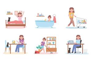 daily routine scene with people cooking, take bath, working and cleaning home vector