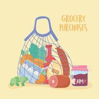 full cloth string bag of food, grocery purchases vector