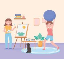 Escena de rutina diaria, niña pintando sobre lienzo y mujer practicando ejercicio en casa. vector