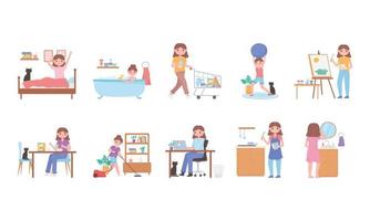 daily routine, everyday activities scene set, exercising, shopping, cooking, waking up vector