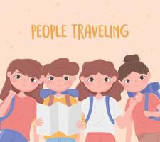 people traveling, group young people tourists with luggage vector