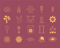 la decoración del elemento oriental incluye flor pagoda lámpara árbol linterna velas iconos diseño de línea vector