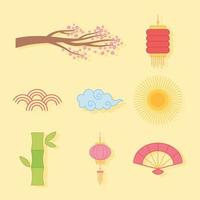 set icons sakura tree flower cloud fan lantern oriental element decoration color design vector