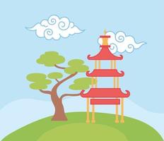 pagoda building bonsai tree curly clouds oriental element decoration color design vector