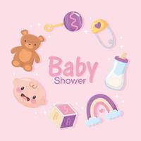 baby shower, tarjeta de invitación con cara de oso, niño, sonajero, arco iris y bloque vector