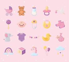 baby shower, set icons include pram bear rattle cube duck toys and more vector