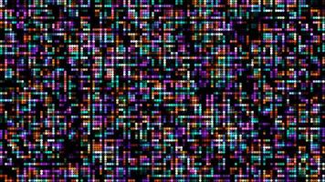 animación abstracto rojo naranja amarillo violeta aqua azul pequeño punto luz partículas patrón forma de onda oscilación, visualización tecnología de onda fondo de superficie digital