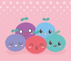 Kawaii frutas graciosas caras diferentes expresión de dibujos animados vector
