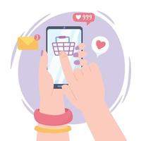 female hands with smartphone online shopping, social network communication system and technologies vector