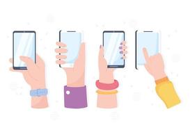 hands with smartphone devices social network communication system and technologies vector