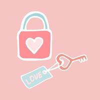 Key and padlock from the heart, Key with the label Love, Symbol of love - key and padlock from the heart, Valentine's day, hand draw, vector sticker in doodle style.