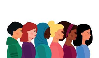 A group of girls of diverse nationalities, with different skin and hair colors. vector