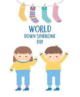 world down syndrome day, happy childrens and hanging socks decoration card vector