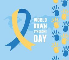 world down syndrome day blue background map ribbon and hands print paint vector
