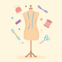 needlework clothing mannequin with measuring tape scissors and yarn skeins vector