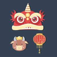 happy new year chinese, set icons lantern ox and dragon vector