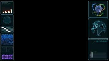 hud surveiller les données d'analyse numérique avec quantum et atome, carte du monde et grille de latitude et de longitude indicateur de barre graphique à balayage laser video