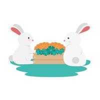 Linda y pequeña pareja de conejos con flores en caja de madera vector