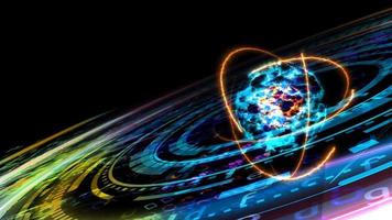 efeito de anel de tecnologia de computação futurística quântica e átomo de núcleo colorido abstrato com modelo de matriz digital e laser