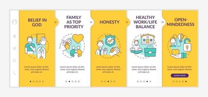 Personal morals onboarding vector template. Responsive mobile website with icons. Web page walkthrough 5 step screens. Family in priority, open-mindedness color concept with linear illustrations