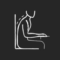 Being bent over desk chalk white icon on black background. Pushing neck and head forward. Spine is positioned in unnatural position. Suffering from backache. Isolated vector chalkboard illustration