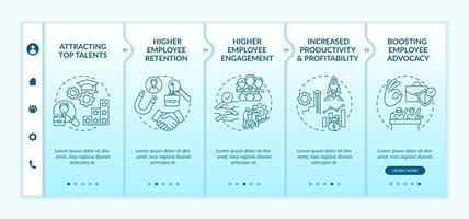 la cultura organizacional beneficia la plantilla vectorial de incorporación. sitio web móvil receptivo con iconos. Tutorial de la página web Pantallas de 5 pasos. Talento, concepto de color de defensa de los empleados con ilustraciones lineales vector