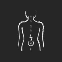 Lower back pain chalk white icon on black background. Aging-related wear. Physical disability. Ruptured, bulging disc. Injury to connective tissue. Isolated vector chalkboard illustration