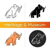 Mammoth skeleton icon. Trunked mammal. Paleontological excavation. Elephant-like bones. Museum exhibit. Large proboscidean. Linear black and RGB color styles. Isolated vector illustrations