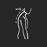 Slouching chalk white icon on black background. Poor posture. Forward head. Body looking down. Walking incorrectly. Muscles in neck, shoulders disruption. Isolated vector chalkboard illustration