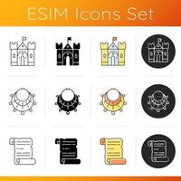 Museum exhibitions icons set. Historic building. Excavated treasure. Manuscripts. Fortress, palace. Ancient jewelry. Palaeography. Linear, black and RGB color styles. Isolated vector illustrations