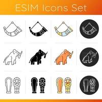 Archaeological excavation icons set. Drinking horns. Mammoth. Egyptian sarcophagus. Hand-crafted medieval good. Elephant-like bones. Linear, black and RGB color styles. Isolated vector illustrations