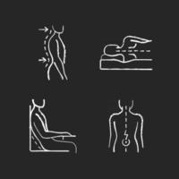 Postural dysfunction chalk white icons set on black background. Lumbar lordosis. Side-lying sleeping position. Incorrect sitting angle. Muscle spasms. Isolated vector chalkboard illustrations